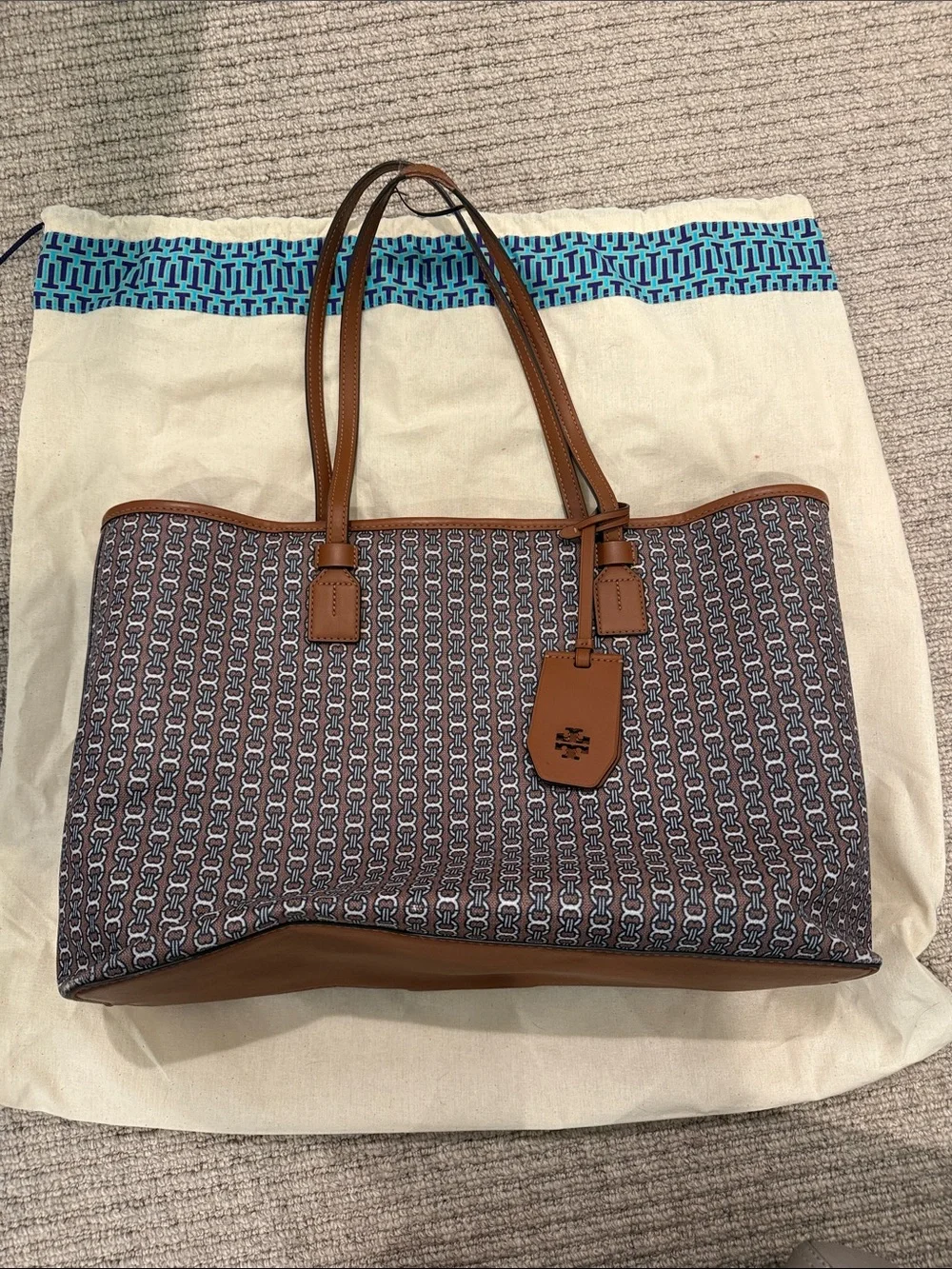 Tory Burch Brown Canvas Logo Stripe Tote with Cream Center Stripe